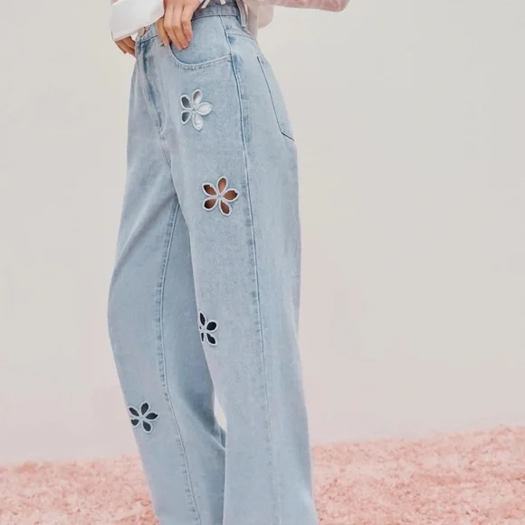 Cider Light Blue Floral Cutout Wide Leg Jeans - Picture 4 of 8